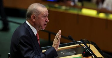 President Recep Tayyip Erdoğan gestures as he addresses the 79th United Nations General Assembly at U.N. headquarters in New York, U.S., Sept. 24, 2024. (Reuters Photo)