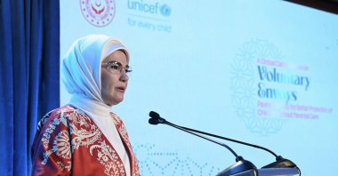 First lady Emine Erdoğan gives a speech at the UNICEF event in New York, U. S., Sept. 25, 2024. (AA Photo)