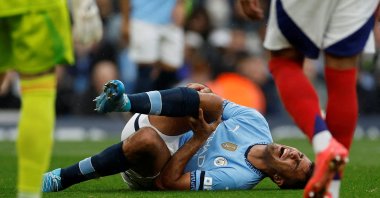 Manchester City&#039;s Rodri reacts after sustaining an injury during a Premier League match against Arsenal at the Etihad Stadium, Manchester, U.K., Sept. 22, 2024. (Reuters Photo) 