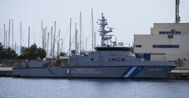 A Greek coast guard vessel is docked at the port in Kalamata town, southwest of Athens, Greece, June 15, 2023. (AP Photo)