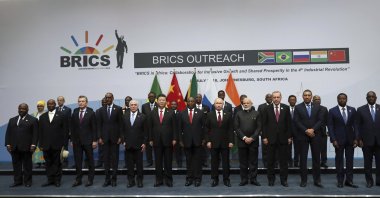 Leaders, pose for a group picture at the emerging national economies (BRICS) summit meeting in Johannesburg, South Africa, Friday, July 27, 2018. (Presidential Press Service via AP, Pool)
