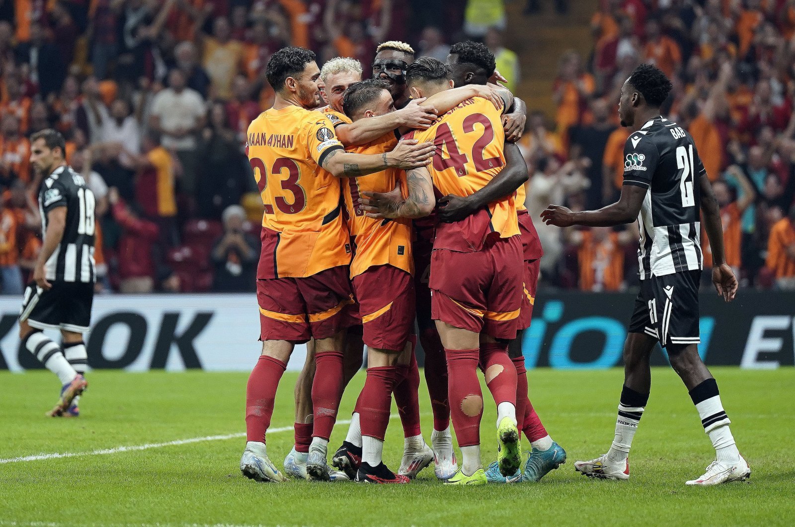 Galatasaray players celebrate after a goal durign the Europa League match against PAOK at the RAMS Park, Istanbul, Türkiye, Sept. 25, 2024. (IHA Photo)