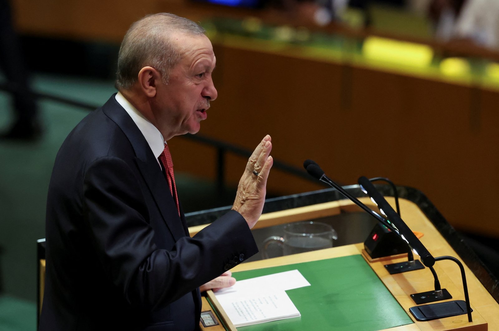 President Recep Tayyip Erdoğan gestures as he addresses the 79th United Nations General Assembly at U.N. headquarters in New York, U.S., Sept. 24, 2024. (Reuters Photo)