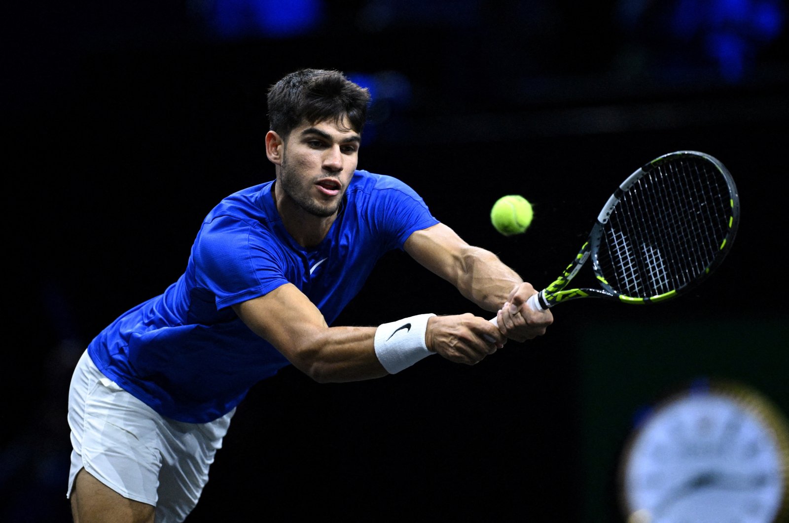 Team Europe&#039;s Carlos Alcaraz in action during his Laver Cup singles match against Team World&#039;s Taylor Fritz at the Uber Arena, Berlin, Germany, Sept. 22, 2024. (Reuters Photo)