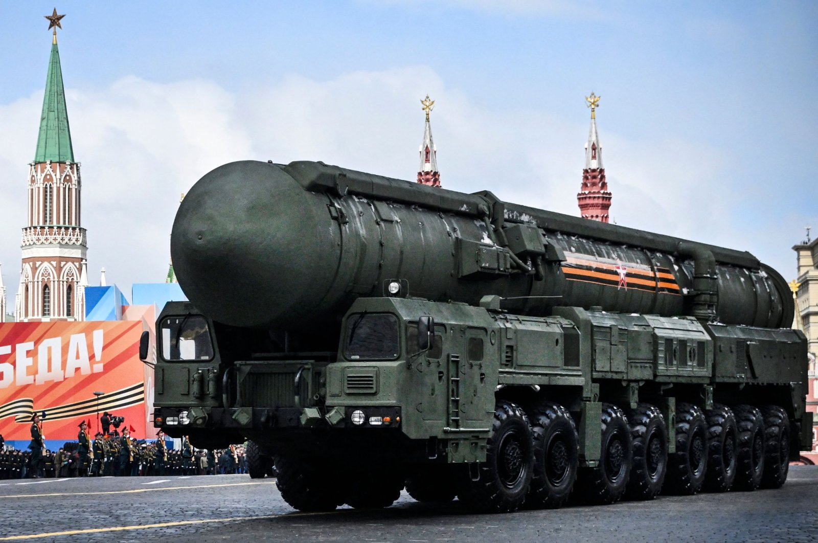 A Russian Yars intercontinental ballistic missile launcher rolls on Red Square during the Victory Day military parade in central Moscow, Russia, May 9, 2024. (AFP Photo)