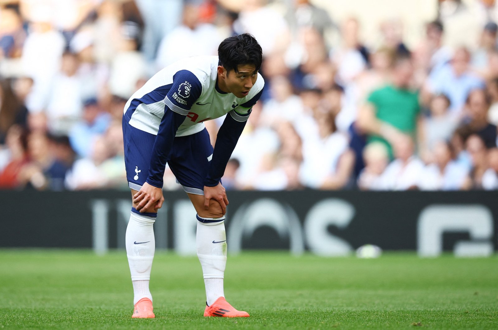 Tottenham Hotspur&#039;s Son Heung-min reacts during the Premier League match against Brentford at the Tottenham Hotspur Stadium, London, Britain, Sept. 21, 2024. (Reuters Photo)