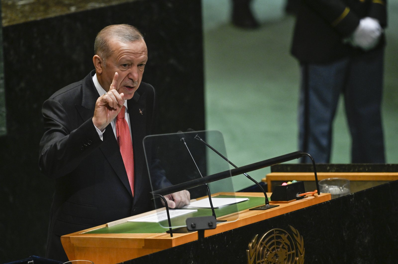 President Recep Tayyip Erdoğan addresses the 79th session of the United Nations General Assembly, New York, U.S., Sept. 24, 2024. (AA Photo)