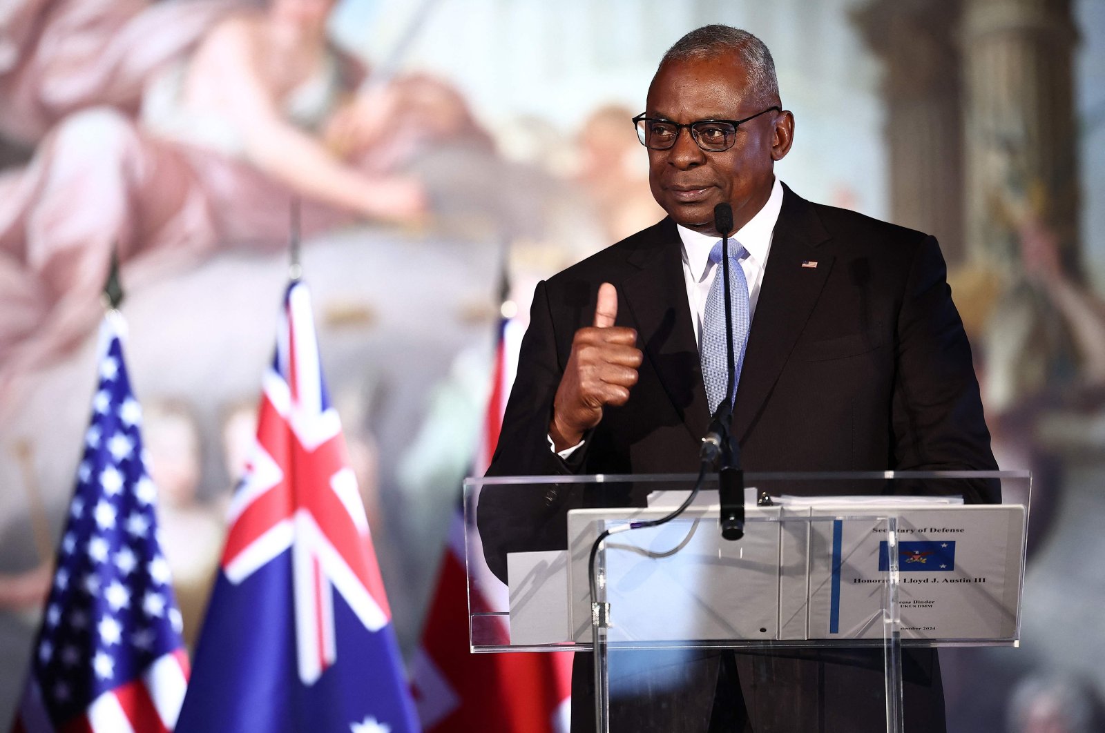 U.S. Defense Secretary Lloyd Austin speaks during a joint news conference during the AUKUS Defense Ministerial Meeting in London, U.K., Sept. 26, 2024. (AFP Photo)