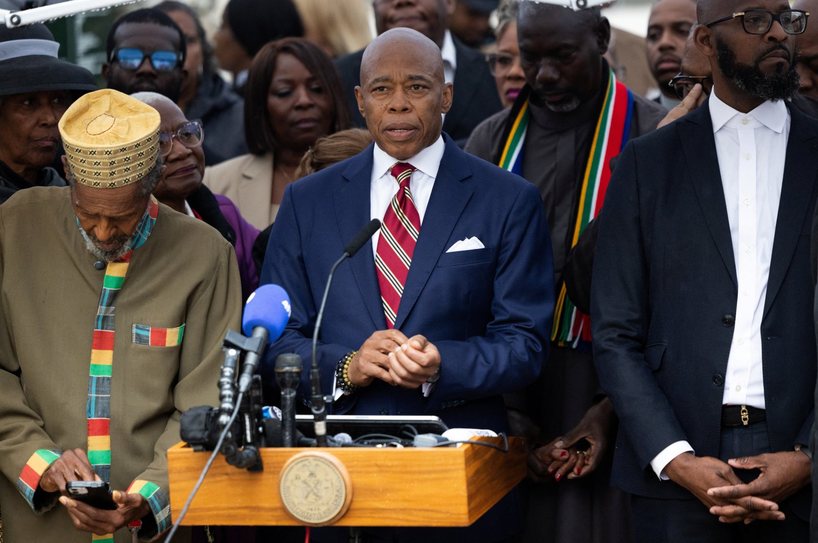 New York City Mayor Eric Adams speaks to the press outside his official residence Gracie Mansion after he was charged with bribery and illegally soliciting a campaign contribution from a foreign national, in New York City, U.S. Sept. 26, 2024. (Reuters Photo)