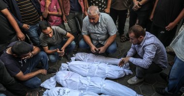 Relatives of the Abu Samak family pray near the bodies of four of their relatives, killed earlier the same day, following an Israeli airstrike that hit their house in Deir al-Balah, central Gaza Strip, Palestine, Sept. 23, 2024. (EPA Photo)