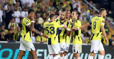 Fenerbahçe players celebrate after a goal during the Europa League match against Union Saint-Gilloise, Istanbul, Türkiye, Sept. 26, 2024. (DHA Photo)