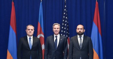 U.S. Secretary of State Antony Blinken (C) poses before a trilateal meeting with his Azerbaijani and Armenian counterparts, Jeyhun Bayramov (L) and Ararat Mirzoyan (R), on the sidelines of the U.N. General Assembly, New York, U.S., Sept. 26, 2024. 