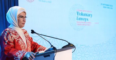 First lady Emine Erdoğan speaks at a UNICEF event, New York City, U.S., Sept. 26, 2024. (AA Photo)