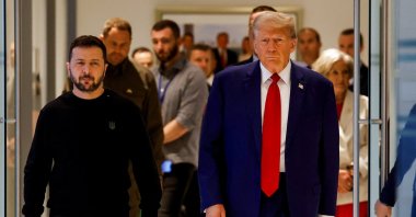 Republican presidential nominee and former U.S. President Donald Trump and Ukraine's President Volodymyr Zelenskiy meet at Trump Tower in New York City, U.S., Sept. 27, 2024.  (Reuters Photo)