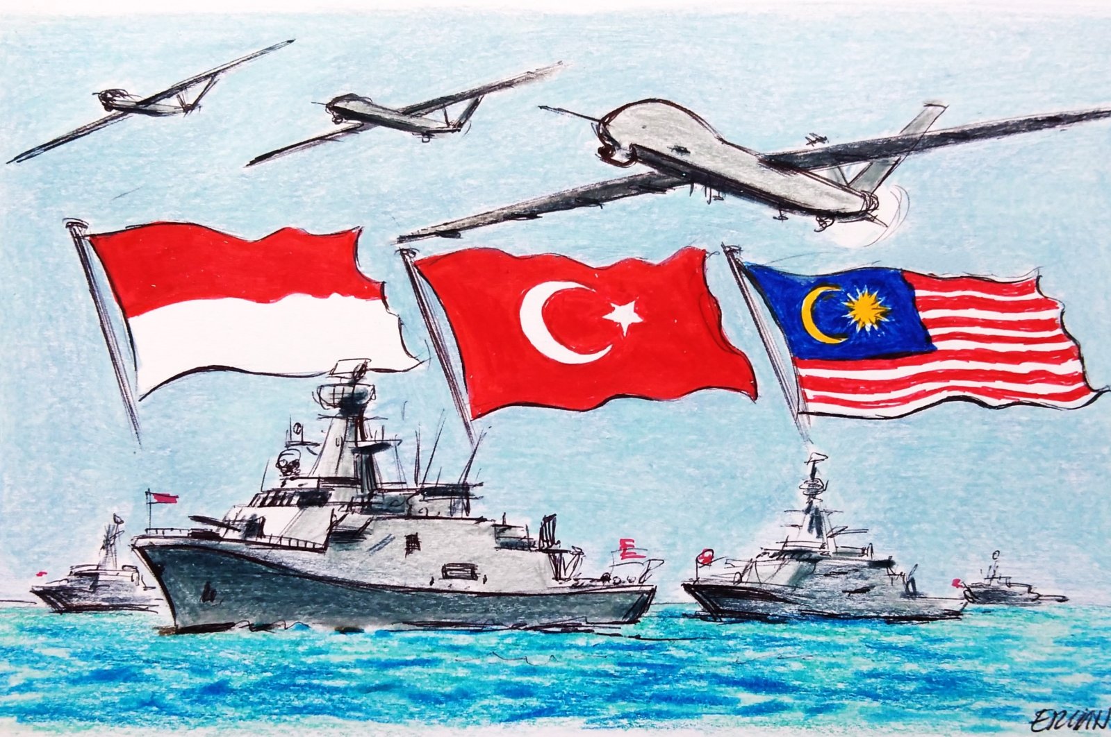 "It is a fact that Türkiye’s position is significant in the region as a bridge between Asia and Europe, while Indonesia and Malaysia as ASEAN members weigh in as leveraging powers." (Illustration by Erhan Yalvaç)