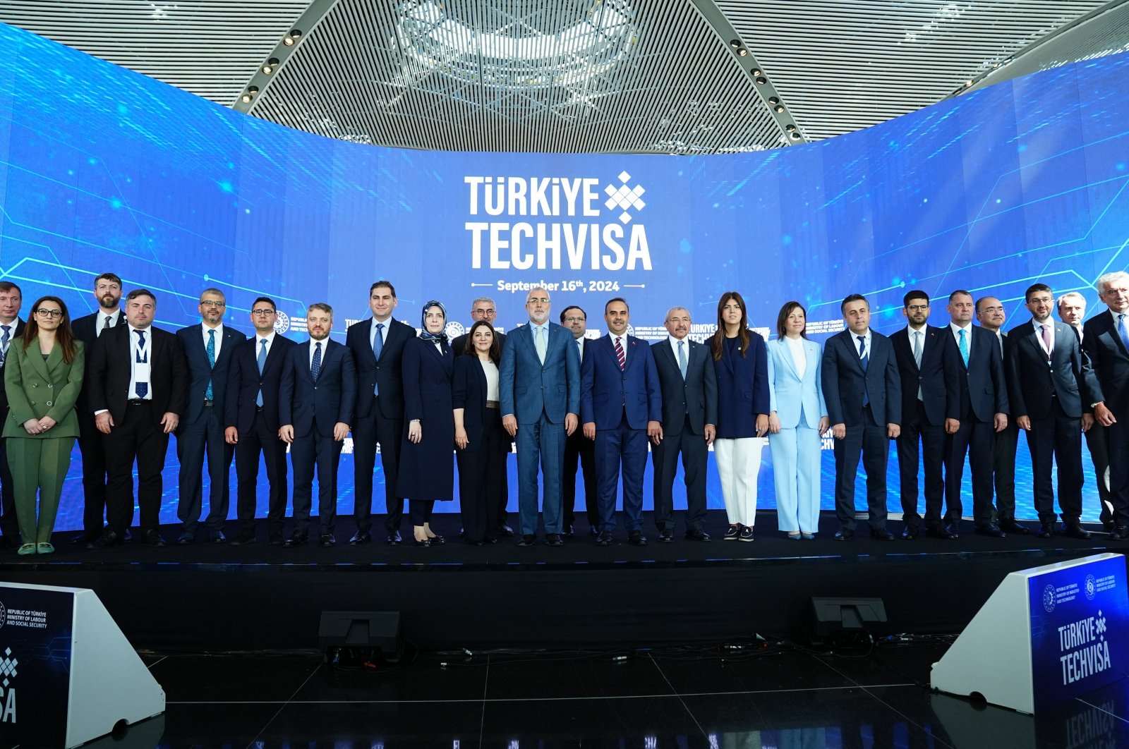 Industry and Technology Minister Mehmet Fatih Kacır (C-R) and Labor and Social Security Minister Vedat Işıkhan (C-L) attend an event to launch the Türkiye TechVisa Program, Istanbul, Türkiye, Sept. 16, 2024. (AA Photo)