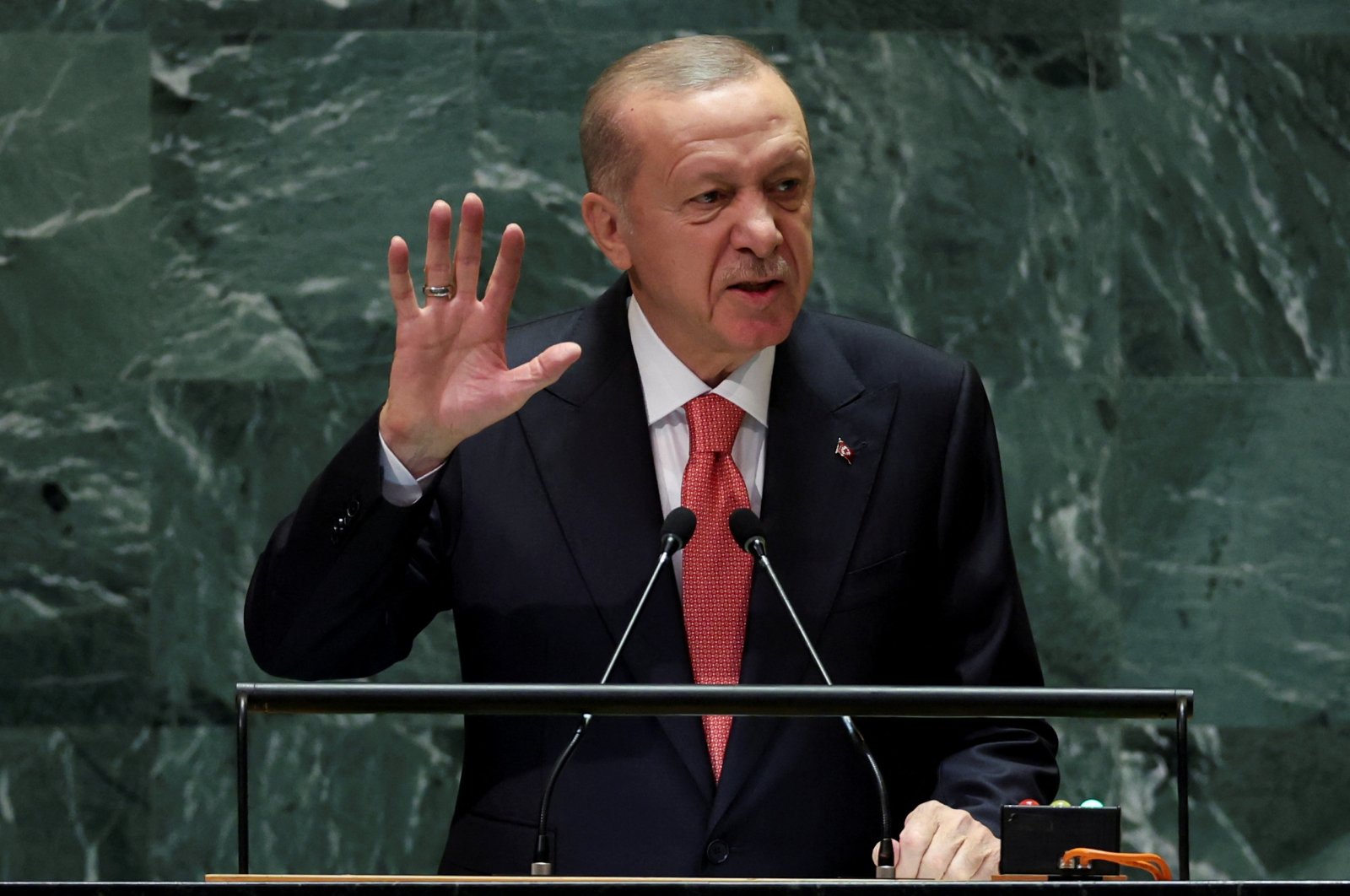 President Tayyip Erdoğan addresses the 79th United Nations General Assembly at U.N. headquarters, New York, U.S., Sept. 24, 2024. (Reuters Photo)