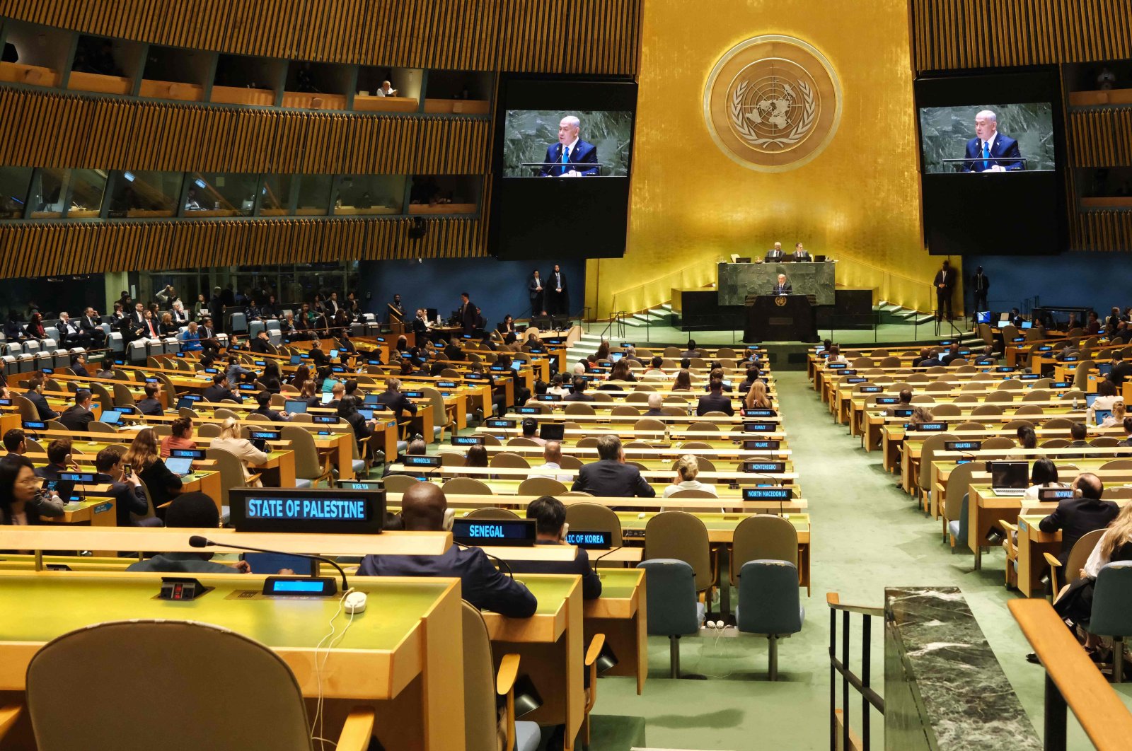 Israeli Prime Minister Benjamin Netanyahu speaks during the 79th Session of the United Nations General Assembly at the United Nations headquarters in New York City, Sept. 27, 2024. (AFP Photo)