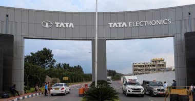 Vehicles pass through the security check at the entrance of Tata Electronics Plant, Hosur, Tamil Nadu, southern India, Sept. 28, 2024. (Reuters Photo)