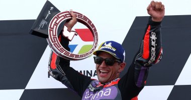 Prima Pramac Racing&#039;s Jorge Martin celebrates on the podium after winning the Indonesian Grand Prix, Mandalika, Indonesia, Sept. 29, 2024. (Reuters Photo)