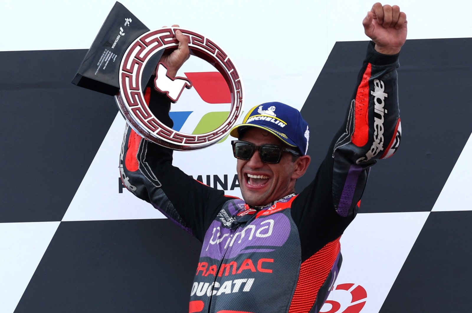 Prima Pramac Racing&#039;s Jorge Martin celebrates on the podium after winning the Indonesian Grand Prix, Mandalika, Indonesia, Sept. 29, 2024. (Reuters Photo)