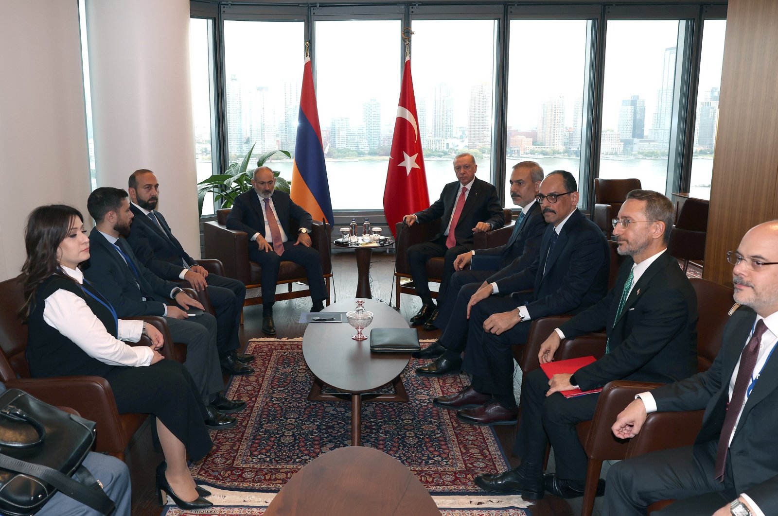 Turkish and Armenian delegations led by Armenian President Nikol Pashinyan and President Recep Tayyip Erdoğan attend a meeting in New York, United States, Sept. 24, 2024. (İHA Photo)