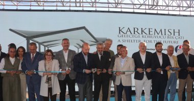 World Ethnosport Confederation President Bilal Erdoğan and other officials cut the ribbon at the event, Karkamış, Gaziantep, Türkiye, Sept. 29, 2024. (DHA Photo)