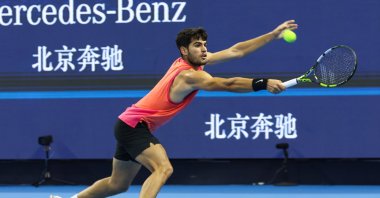 Spain&#039;s Carlos Alcaraz in action during his men&#039;s singles second round match against Netherlands&#039; Tallon Griekspoor in the China Open tennis tournament, Beijing, China, Sept. 29, 2024. (EPA Photo)