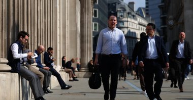 Pedestrians pass by the Bank of England in London, Britain, Sept. 19, 2024. (EPA Photo)