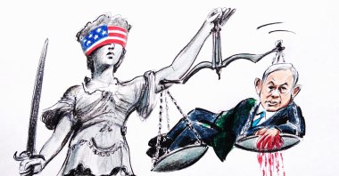 "A pressure mechanism is in place, led by the U.S., to prevent the ICC from issuing an arrest warrant for Netanyahu and Gallant." (Illustration by Erhan Yalvaç)  