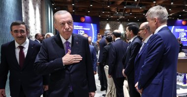 Vice President Cevdet Yılmaz (L) accompanies President Recep Tayyip Erdoğan during the Investment Advisory Council meeting, Istanbul, Türkiye, Sept. 28, 2024. (AA Photo)