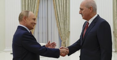 Russian President Vladimir Putin (L) shakes hands with Parliament Speaker Numan Kurtulmuş during a meeting at the Kremlin, Moscow, Russia, Sept. 25, 2024. (EPA Photo)