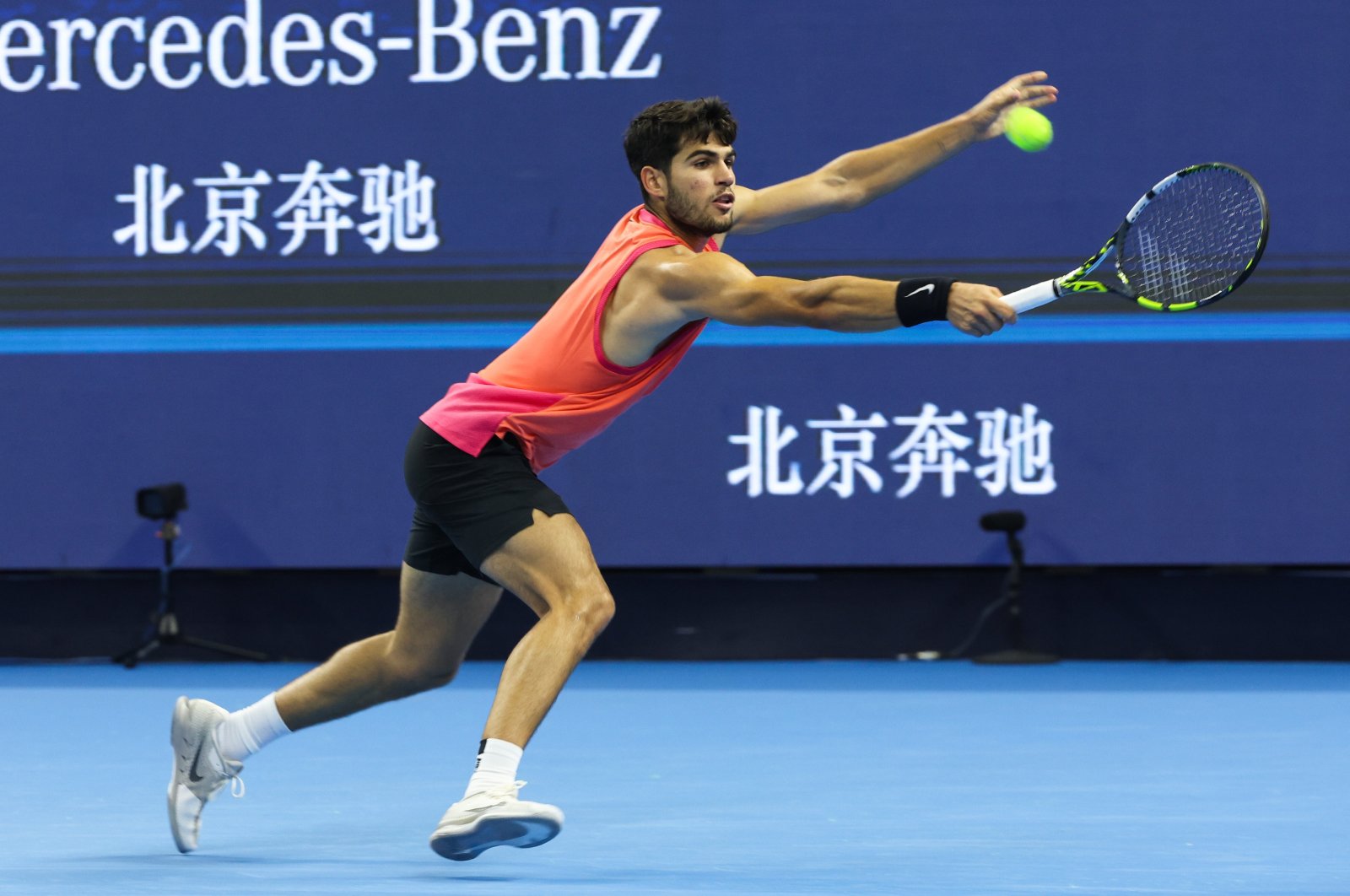 Spain&#039;s Carlos Alcaraz in action during his men&#039;s singles second round match against Netherlands&#039; Tallon Griekspoor in the China Open tennis tournament, Beijing, China, Sept. 29, 2024. (EPA Photo)