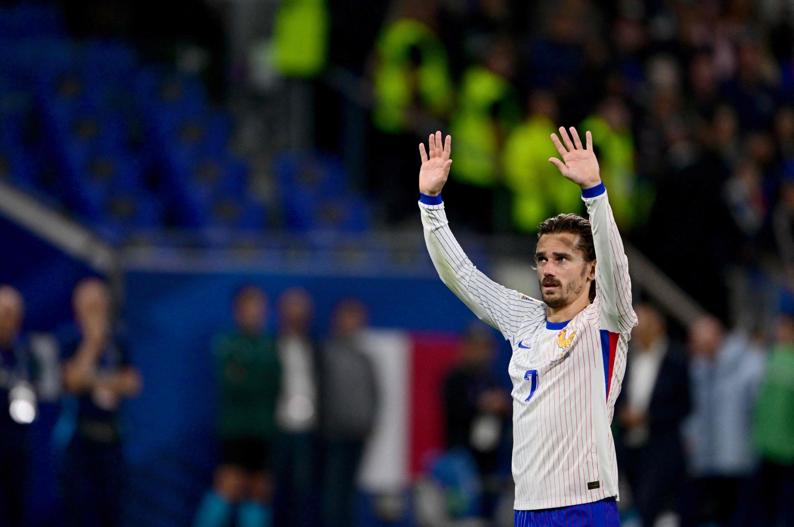 France&#039;s Antoine Griezmann (R) acknowledges supporters at the end of the UEFA Nations League, League A - Group 2 France and Belgium match, Lyon, France, Sept. 9, 2024. (AFP Photo)