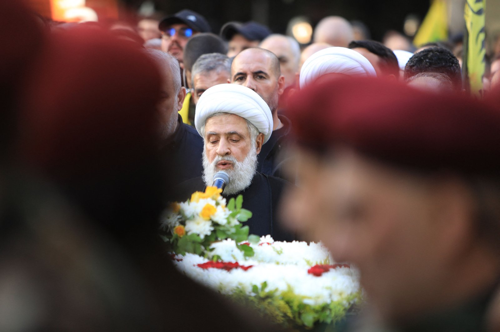 Naim Kassem, deputy secretary-general of Hezbollah, speaks during a funeral, Beirut, Lebanon, Sept. 22, 2024. (AFP Photo)