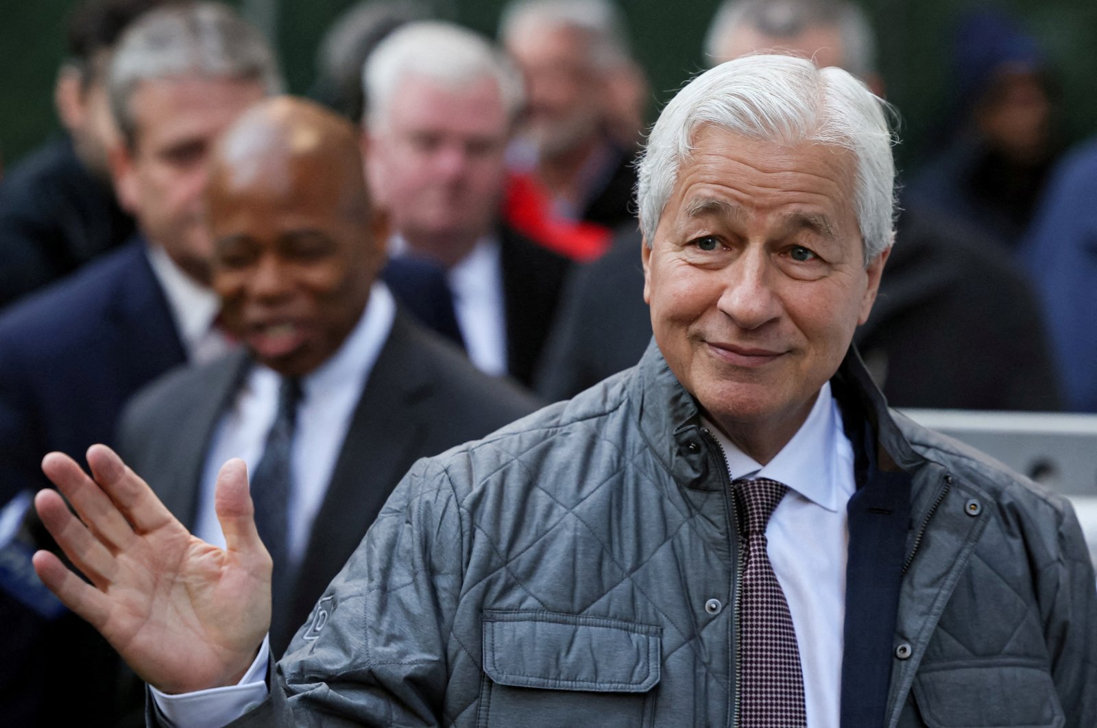 Jamie Dimon, chairman and CEO of JPMorgan Chase, speaks during the ceremony for the placement of the final beam for JPMorgan Chase&#039;s new global headquarters building at 270 Park Avenue in New York City, U.S., Nov. 20, 2023. (Reuters Photo)