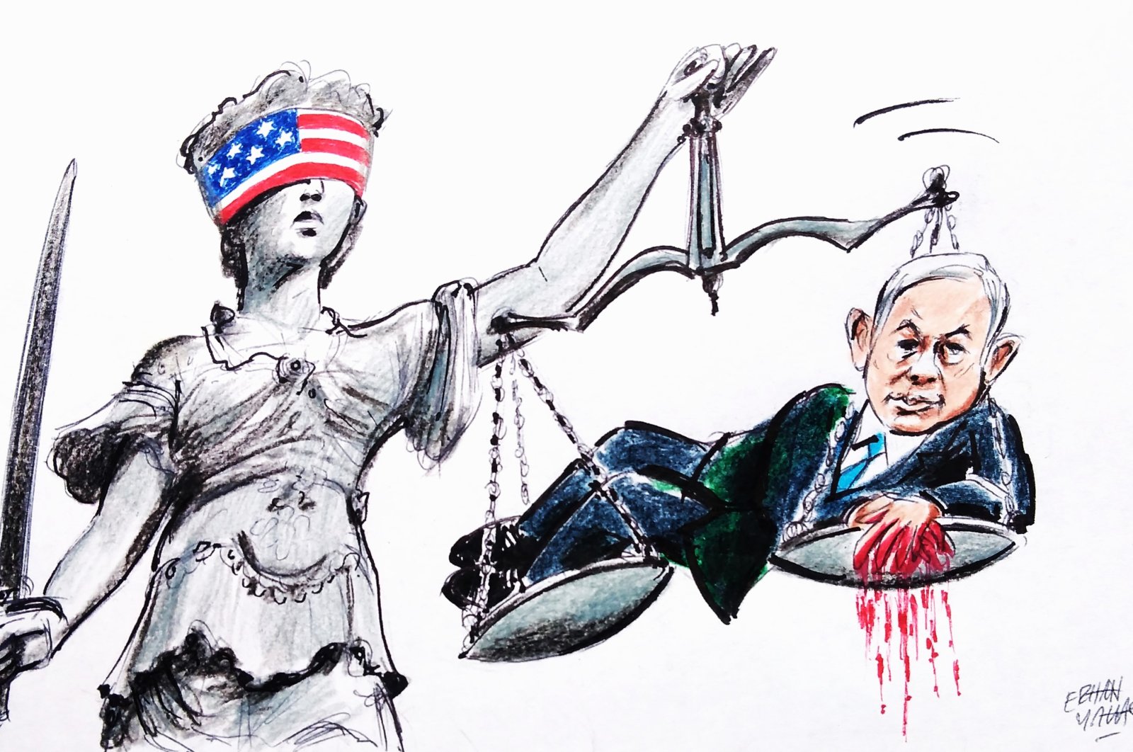 "A pressure mechanism is in place, led by the U.S., to prevent the ICC from issuing an arrest warrant for Netanyahu and Gallant." (Illustration by Erhan Yalvaç)  