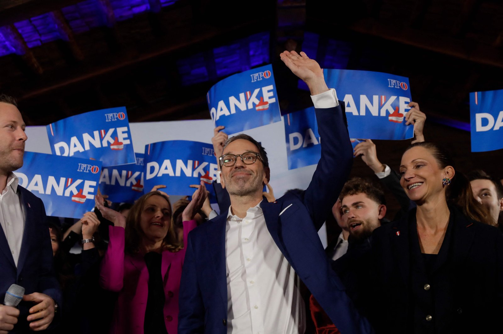 Herbert Kickl, leader and top candidate of right-wing populist Freedom Party of Austria (FPOe) waves at supporters in Vienna, Austria, Sept. 29, 2024. (AFP Photo)