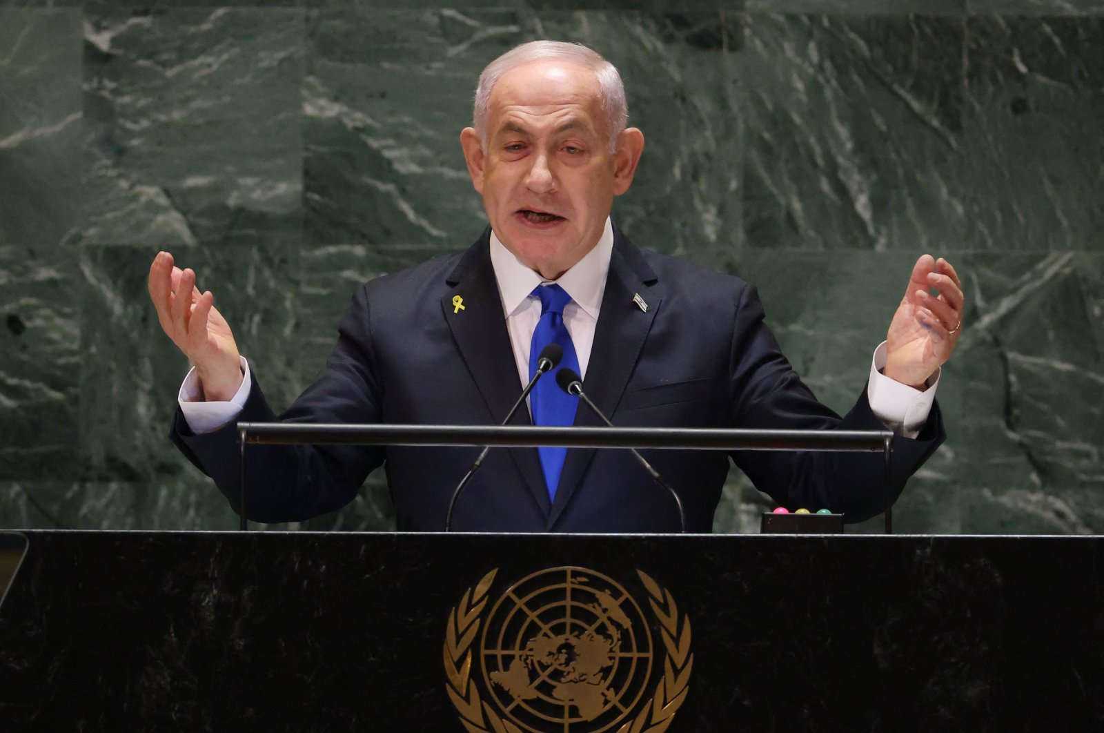 Israeli Prime Minister Benjamin Netanyahu speaks during the 79th Session of the United Nations General Assembly at the United Nations headquarters in New York City, Sept. 27, 2024. (AFP Photo)