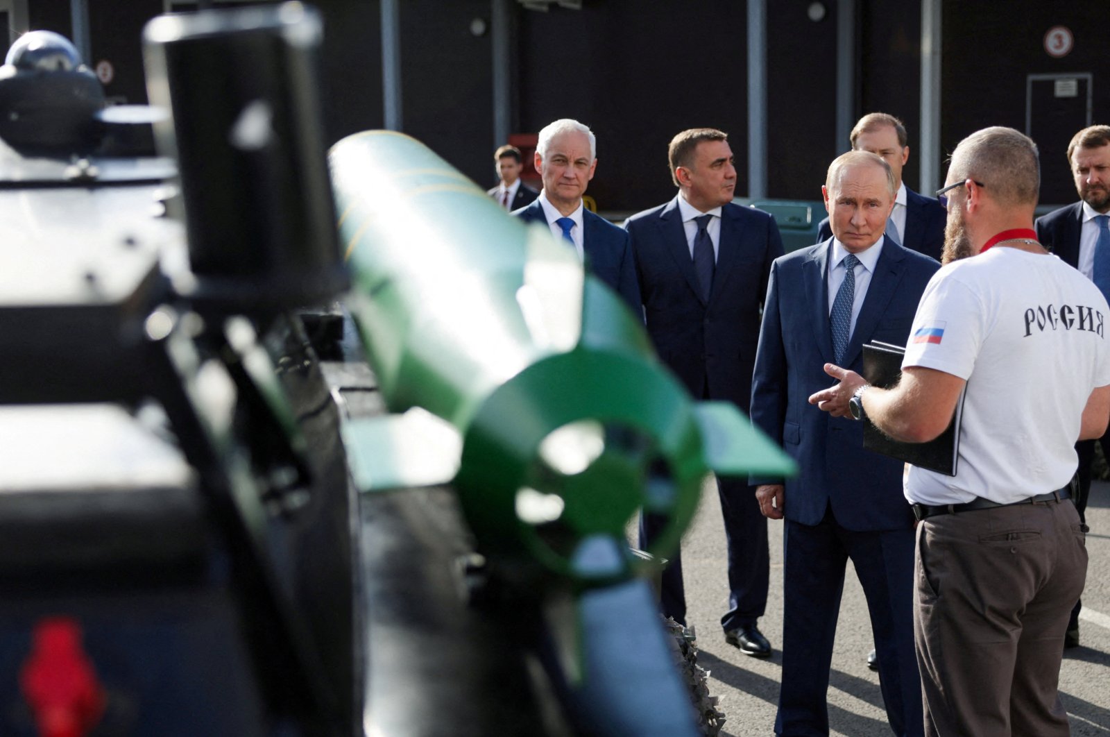 Russia&#039;s President Vladimir Putin, accompanied by Defense Minister Andrei Belousov, Presidential Aide and State Council Secretary Alexei Dyumin, First Deputy Prime Minister Denis Manturov and Deputy Head of the Russian Presidential Administration Maxim Oreshkin, visits a drone production facility of the Special Technology Center in Saint Petersburg, Russia, Sept. 19, 2024. (Reuters Photo)