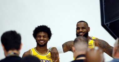Los Angeles Lakers' LeBron James (R) and his son Bronny James Jr. attend a Los Angeles Lakers media day at UCLA Health Training Center, El Segundo, California, U.S., Sept. 30, 2024. (AFP Photo)