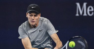 Italy&#039;s Jannik Sinner hits a return to Czechia&#039;s Jiri Lehecka during their men&#039;s singles quarterfinal match at the China Open, Beijing, China, Sept. 30, 2024. (AFP Photo)