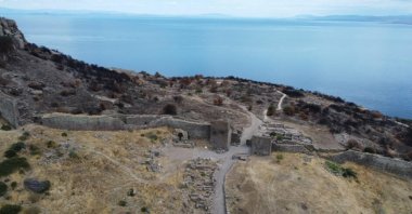 An aerial view of the 7,000-year-old Assos archaeological site in Ayvacık, Çanakkale, Türkiye, Oct. 1, 2024. (DHA Photo)