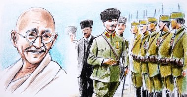 "Gandhi admired Turks as brave warriors, noting their longstanding history as fighters. He acknowledged the founding father of the Republic of Türkiye, Mustafa Kemal Atatürk, as well as his success with the sword, attributing it to the inherent strength found in every Turk&#039;s nerve." (Illustration by Erhan Yalvaç)