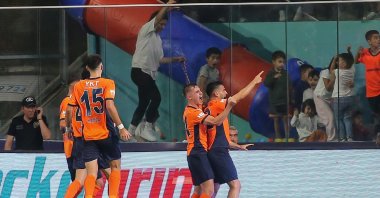 Başakşehir's Omer Ali (R) celebrates with his teammates after scoring his team's first goal during the UEFA Conference League match between Başakşehir and St. Patrick's Athletic at Fatih Terim Stadium, Istanbul, Türkiye, Aug. 28, 2024. (Getty Images Photo)