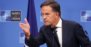New NATO Secretary-General Mark Rutte gestures during a press conference in Brussels, Belgium, Oct. 1, 2024. (EPA Photo)
