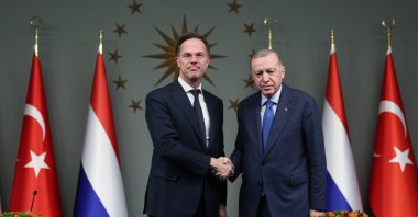 Then-Dutch Prime Minister Mark Rutte and President Recep Tayyip Erdoğan pose for a photograph while shaking hands during a news conference, Istanbul, Türkiye, April 26, 2024. (EPA Photo)