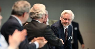 WikiLeaks&#039; founder Julian Assange (R) attends a parliamentary hearing at the Council of Europe in Strasbourg, eastern France, Oct. 1, 2024. (AFP Photo)