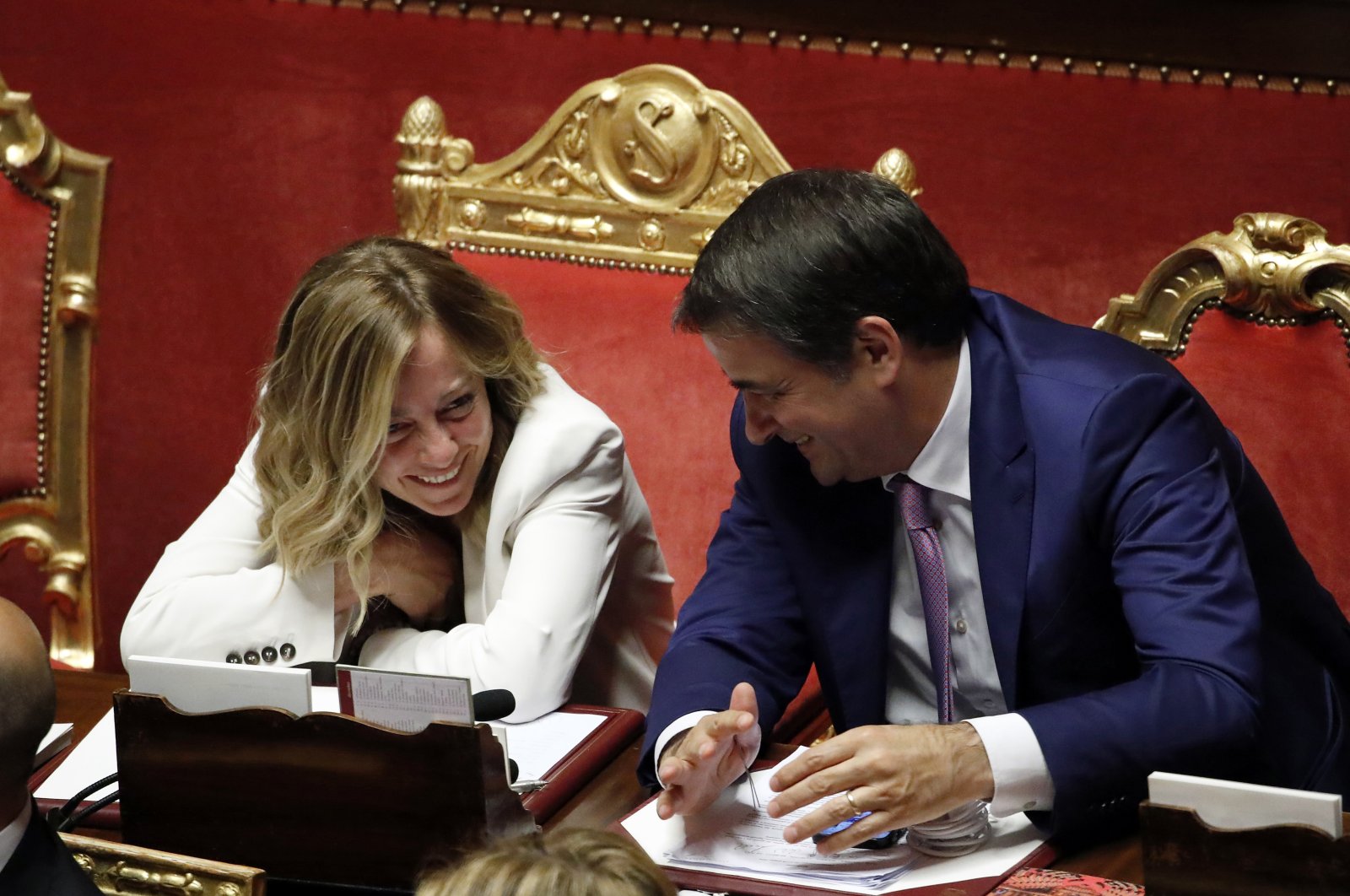 Prime Minister Giorgia Meloni with the Minister for European Affairs, Cohesion Policies and the PNRR, Raffaele Fitto, during the Communications of the President of the Council in view of the meeting of the European Council of 27 and 28 June 2024 at the Senate Chamber. Rome, Italy, June 26, 2024 (Getty Images Photo)