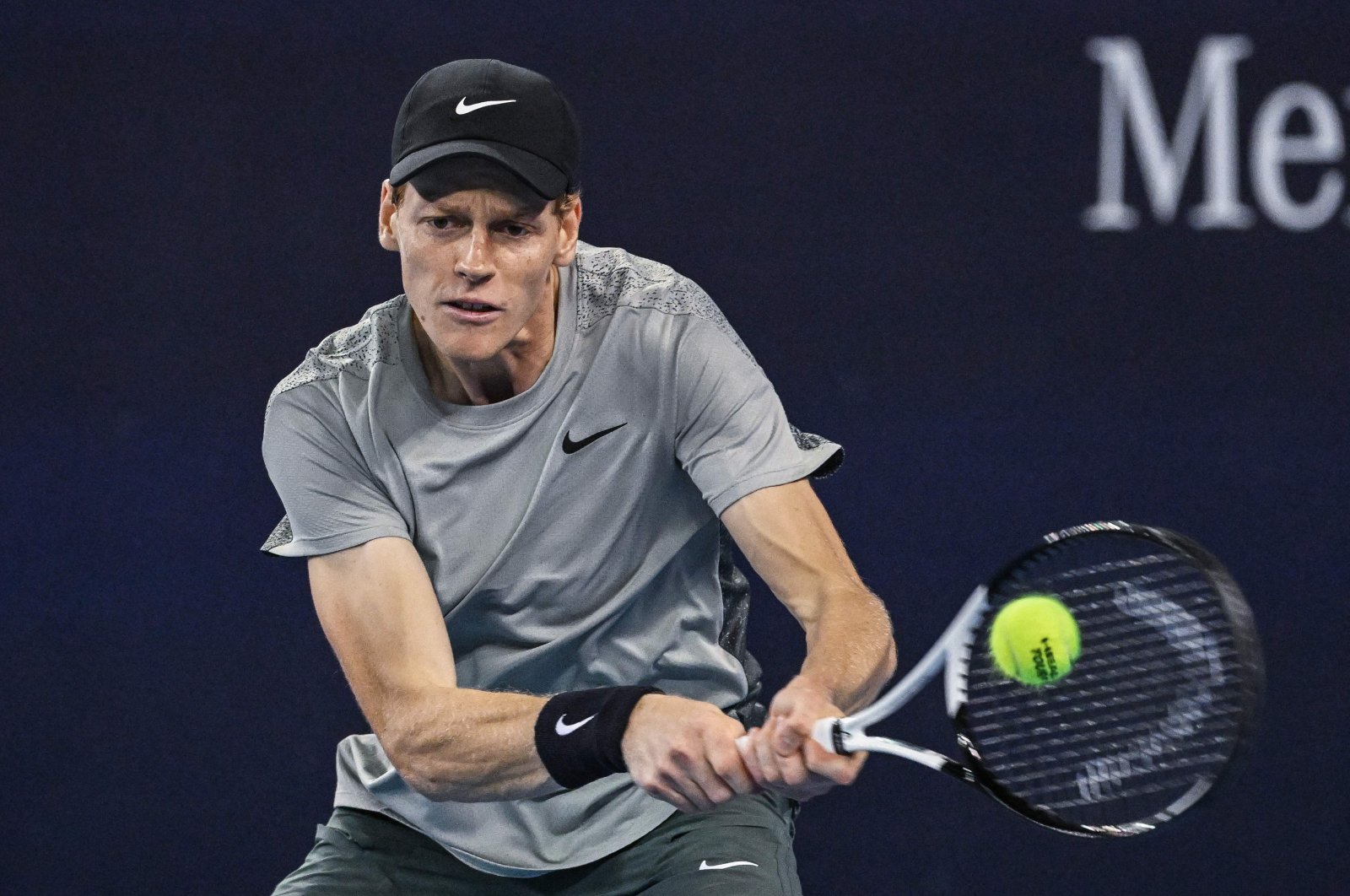 Italy&#039;s Jannik Sinner hits a return to Czechia&#039;s Jiri Lehecka during their men&#039;s singles quarterfinal match at the China Open, Beijing, China, Sept. 30, 2024. (AFP Photo)